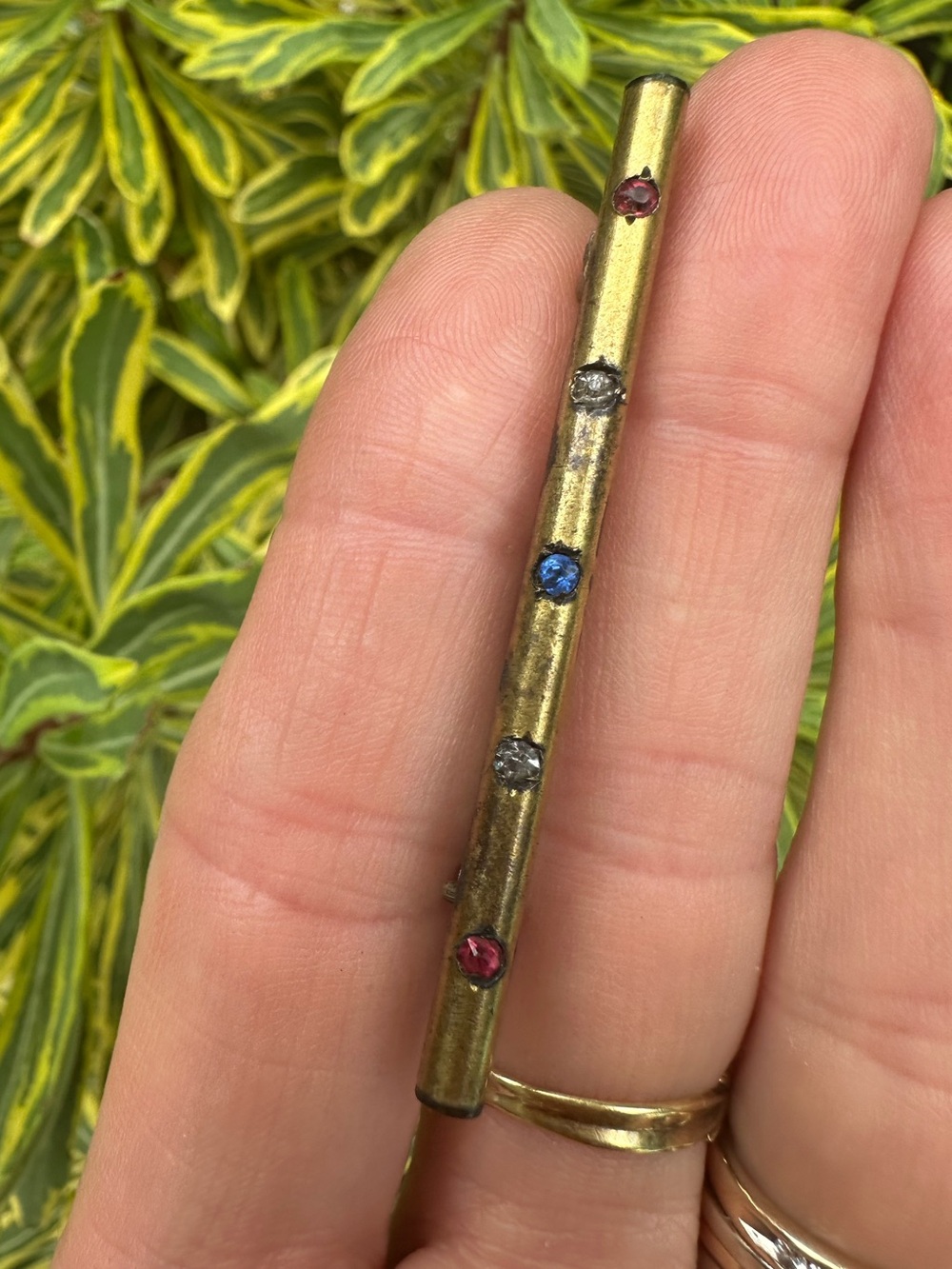 Antique Victorian Brass Bar Pin Brooch Red White Blue Paste Stones